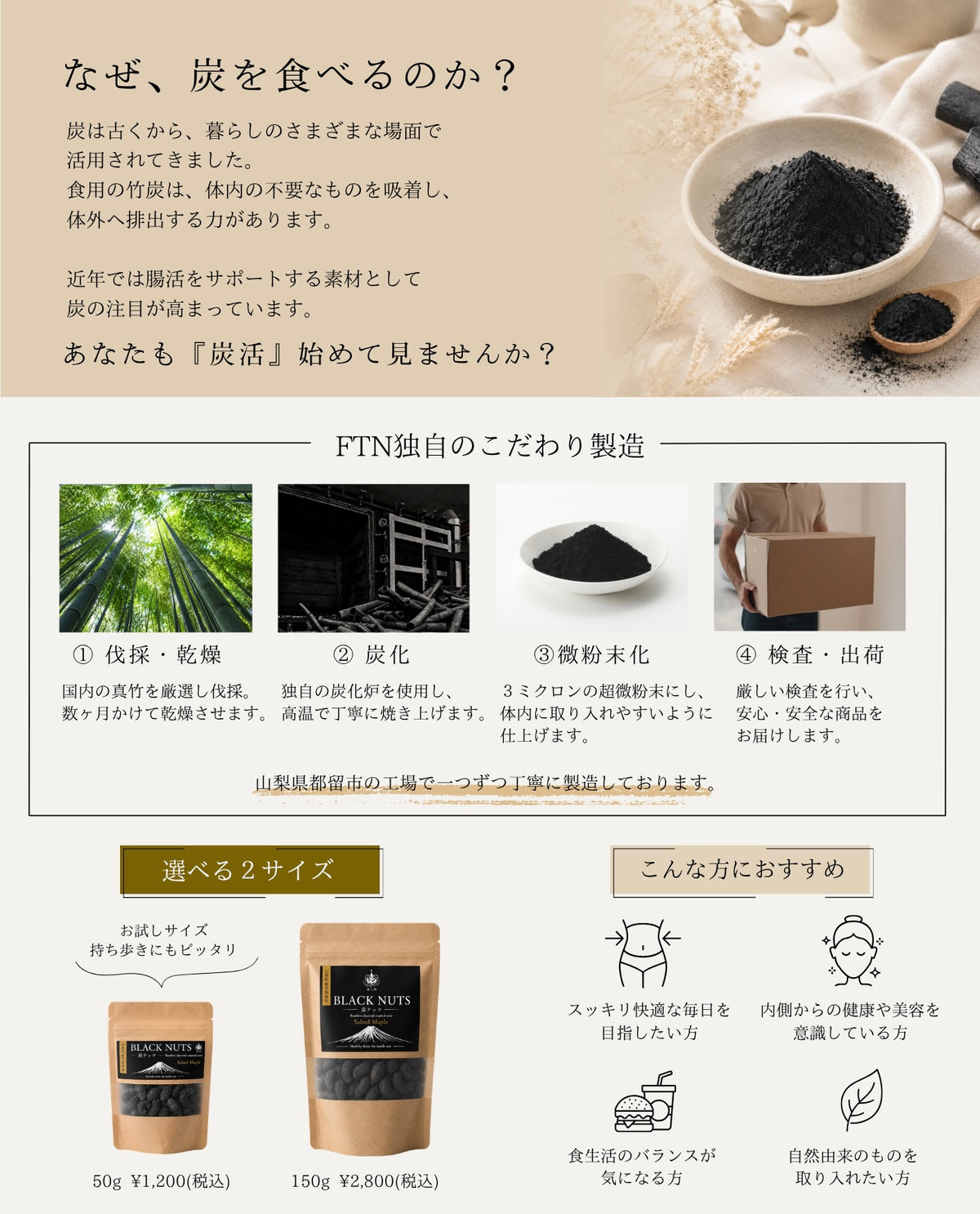 BLACK NUTS (炭ナッツ) | 山梨県産竹炭 | メープル＆ソルト